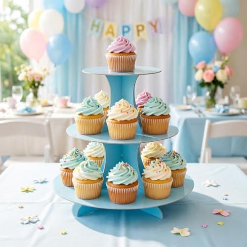 YLDW Cupcake Stand, 3-Tier Cupcake Stand Display, Cardboard Cup Cake Tower Stand, Disposable Dessert Stand for Birthday Tea Party Baby Shower Treat Decorations, Baby Blue