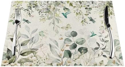 Spring Place mats Set of 4,12x18 Inches Green Floral Bird Eucalyptus Leaf Decorative Summer Decor Leaf Placemats Rectangle Spring Table Mats for Party Home Kitchen Dining Table Decoration