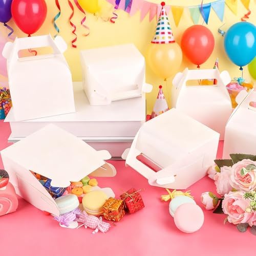 Hxezoc 24 Pieces White Party Favor Boxes Gable Candy Treat Box Folding Paper Gift Box with Handles for Baby Showers Birthday Party Wedding Decoration Supplies