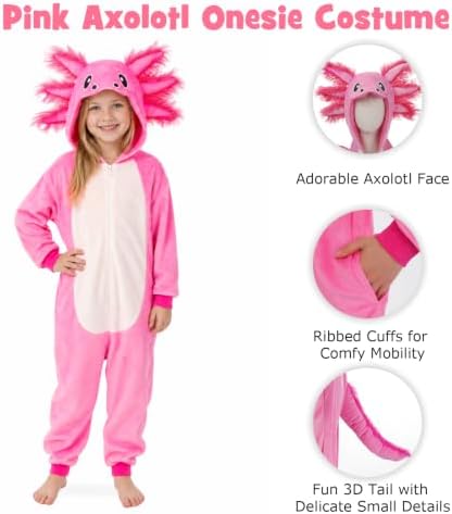 Kids Axolotl Costume for Girls & Boys - 3D Hooded Salamander Jumpsuit Costume for Halloween Party