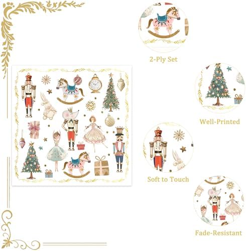 100Pcs Christmas Paper Napkins Nutcracker Disposable 2-Ply Napkins with Ballerinas, Christmas Trees, Horses Design for Bathroom, Xmas Dinners, Holiday Parties, Table Decor 6.5x6.5 Inch