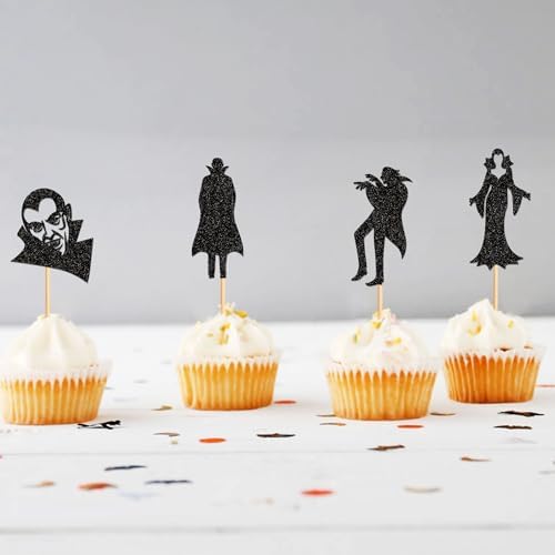 24Pcs Glitter Black Vampire Cupcake Toppers Halloween Cupcake Picks