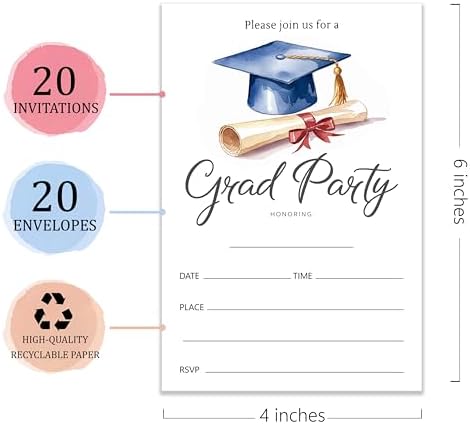 4x6 2026 Watercolor Grad Party Invitations (20 Cards + 20 Envelopes) - Blue Cap & Diploma Grad Celebration Invites.(015)