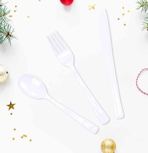 HEIPINIUYE 75 Pack White Plastic Cutlery Heavy Duty White Plastic Knives Forks and Spoons Disposable Silverware Set for 25 Guest Camping Birthday Baby Shower Party Cutlery Set