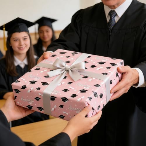 Cuitpan 2026 Graduation Wrapping Paper - 4 Jumbo Sheets,28x40 Inches, Pink Cap & White Diploma Design, Gift Wrap for Graduates, Graduation Parties, Seniors, School Events