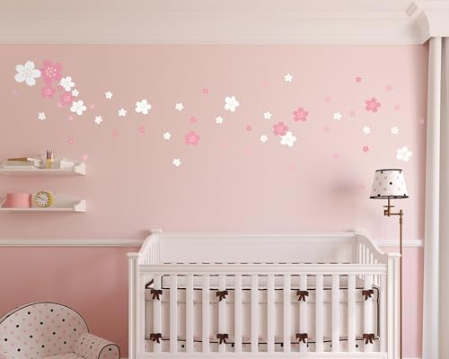 FLFK 55 Pcs Cherry Blossoms Wall Decals Peel and Stick Flower Wall Stickers for Nursery Living Room Bedroom Girls Room Home Decor
