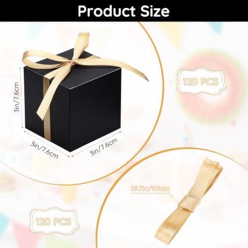 EUSOAR Black Favor Boxes, 120pcs 3x3x3 Inches Small Gift Boxes Mini Bakery Cookies Candy Box with Gold Ribbon, Square Paper Chocolate Containers for Wedding Birthday Bridal Party Favor Decoration