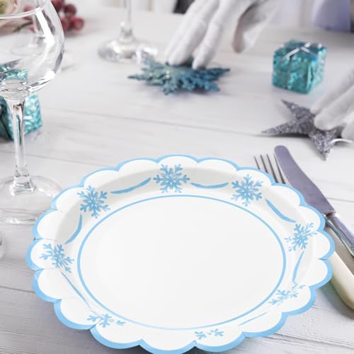 JarThenaAMCS 50 Pcs Winter Paper Plates Christmas Snowflake Scalloped Disposable Plate Blue Decorative Tableware for Xmas Holiday Party Decor Supplies, 9 In