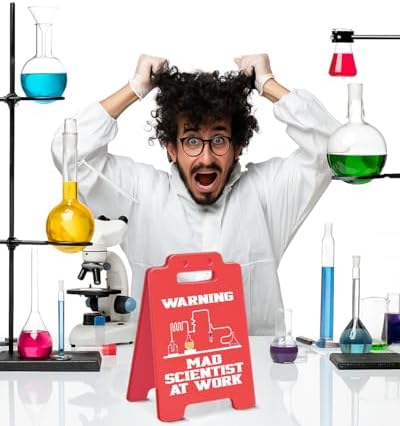 Mad Scientist at Work Warning Sign, Funny Halloween Mad Scientist Decor for Office Classroom Lab, Science Teacher Gift, Chemistry Lab Decor, STEM Gifts for Coworkers Engineers-Red