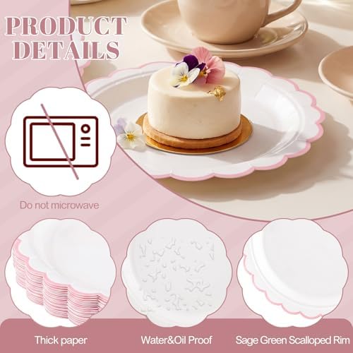 NatNarr 30 Pk Pink Paper Plates 7" Scalloped Pink White Dessert Cake Plates