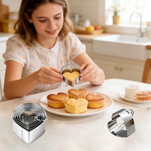 Stainless Steel Heart Cookie Cutter Set of 5 with Handle, Small to Large Heart Shapes for Baking, Pancakes, Sandwiches, Cheese, Fruits, Playdough, Valentine's Day Baking Supplies