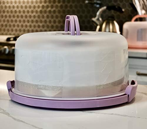 Top Shelf Elements Round Cake Carrier Two Sided Cake Holder Serves as Five Section Serving Tray, Portable Cake Stand Fits 10 inch Cake, Cake Box Comes With Handle, Cake Container Holds Pies (Lilac)