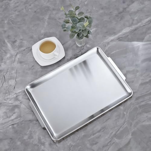 16.3" x 11" Large Serving Platters Set of 2, Stainless Steel Heavy-Duty Large Serving Trays, Silver Rectangular Plates for Food, Fruit, Party, Wedding, Christmas, Chip and Scratch Resistant