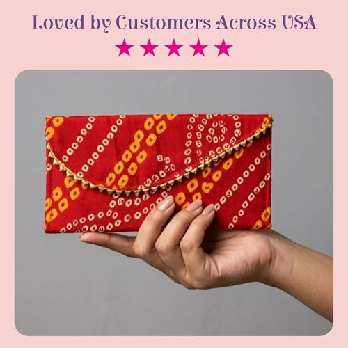 LoveNspire Brocade Fabric Money Envelopes (7.5 x 3.5 Inch) Decorative Bandhani Pattern Shagun Lifafa for Indian Wedding, Birthday | Cash Gift Holder & Home Savings Organizer Red/Pack of 20