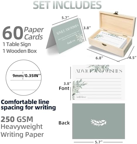60 Pack Wedding Advice and Wishes Cards for Mr & Mrs - Sage Green Floral Guest Book Alternative with Commemorative Box - Elegant Bridal Shower Game and Keepsake