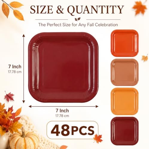 48PCS Fall Disposable Paper Plates 7 inch Square Party Decor Dessert Plates
