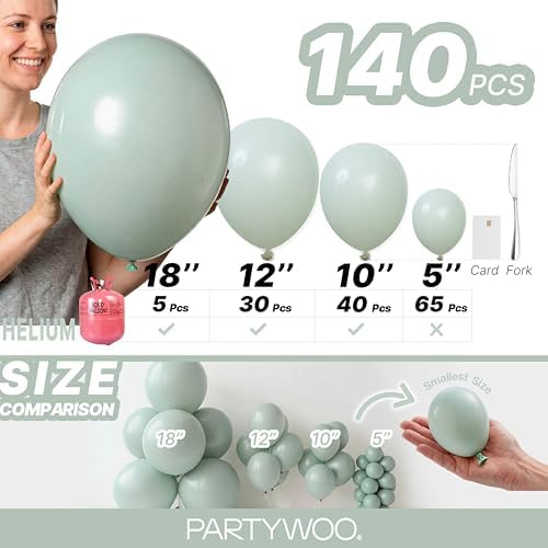 PartyWoo Dusty Green Balloons 140pcs Sage Olive Eucalyptus Green Boho Color