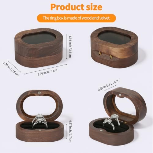 KUKUVR Oval Wooden Ring Box with Clear Window, Ring Holder Box for Wedding Day Engagement Proposal, Jewelry Gift Storage Box for Women (Black - 2 Slots)