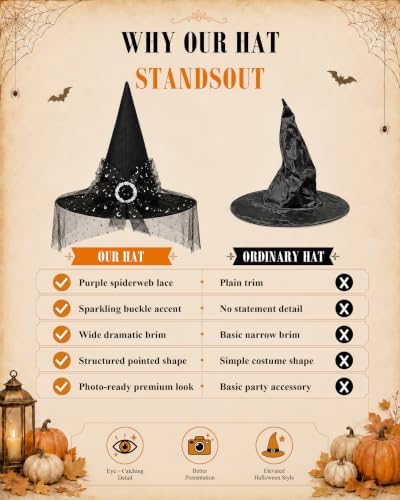 Edoneery Halloween Witch Hat for Women, Mesh Lace Cosplay Costume Accessory