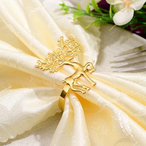 Gold Christmas Napkin Rings Set of 6, Metal Winter Xmas Elk Napkin Holders Wedding Dinner Home Table Decorations Winter Christmas Decorations