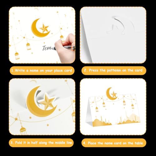 Auch Eid Place Cards - 40pcs Eid Mubarak Table Tent Cards Set Folded Ramadan Name Card for Eid Al-Fitr & Eid Al-Adha Dinner, Iftar Party Table Decorations, Buffet & Food Labelsr 4 Designs (White)