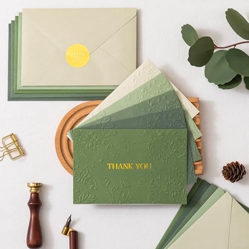 Crisky Bridal Shower Thank You Cards with Envelopes(Sage Green),50 Pack Embossed Floral Thank You Cards for Wedding, Baby Shower, Business, Graduation Party Favors Decorations