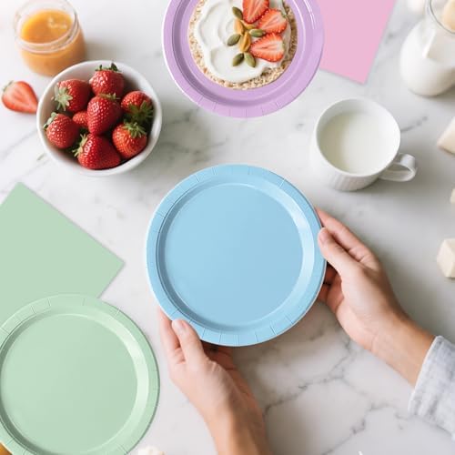 Oigco 150 PCS Pastel Birthday Decorations - Pastel Paper Plates and Napkins - Rainbow Party Decorations for Birthday Baby Shower Wedding, Serves 50