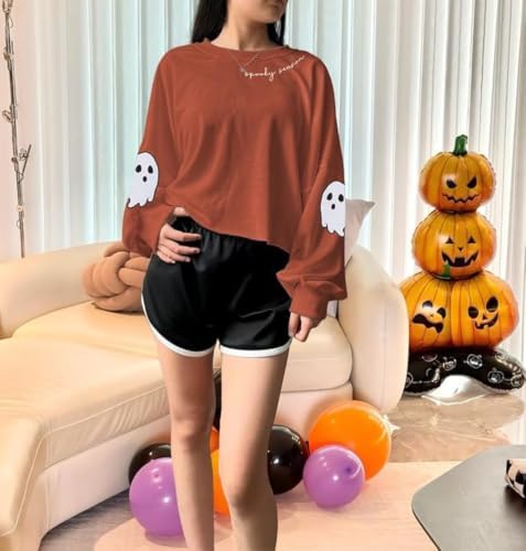 Women Fall Halloween Ghost Crop Sweatshirt Lantern Sleeve Pullover