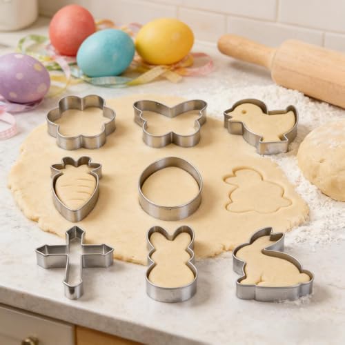 Easter Cookie Cutters, 9 Pieces Chick Carrot Egg Bunny Butterfly Rabbite Cross Flowers Shapes Metal Stainless Steel Biscuit Cutters Holiday Themed Baking Kit