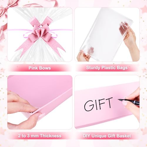 6 Pack Pink Baskets For Gifts Empty, 10x8x3.5" Thick Paper Basket with 6 Clear Bags and 6 Pink Bows, Empty Gift Baskets for Baby Shower Valentine Bridal Birthday Party Wrapping Gift