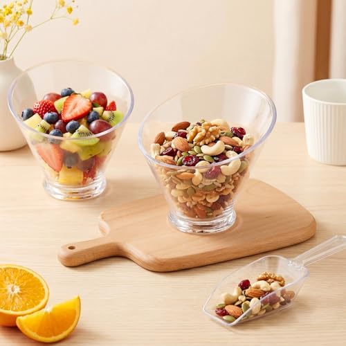LemonRoad 6 Pcs Clear Plastic Serving Bowls with Scoops, Candy Bowls for Party Table, Disposable Angled Buffet Containers Dishes for Salad Fruit Snacks Appetizer Bar Catering Supplies(12oz)