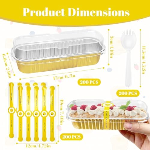 200Pack Gold Mini Cake Pans Disposable Mini Loaf Pans with Lids and Spoons and Stickers, 6.8Oz Aluminum Foil Pans Tins, Individual Dessert Cups Containers for Sales,Party,Picnics