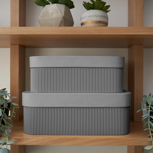 Decorative Storage Boxes with Lids - Set of 2 Fluted Photo Organizer Bins