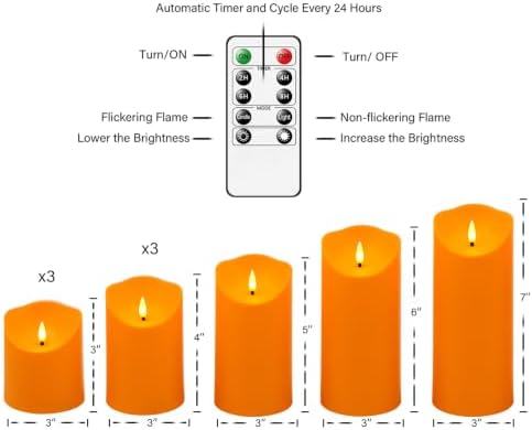 Nimiko Flameless Candles with Remote, Battery Operated Flickering Flameless Candles, LED Candles with Timer 2/4/6/8H, with Realistic LED Candles Set of 9 (D3 x H 3" 4" 5" 6" 7") (Orange)