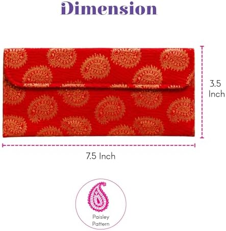 LoveNspire Brocade Fabric Money Envelopes (7.5 x 3.5 Inch) Decorative Paisley Pattern Shagun Lifafa for Indian Wedding, Birthday | Cash Gift Holder & Home Savings Organizer Red/Pack of 10