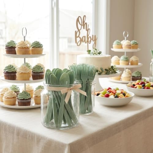 360Pcs Sage Green Plastic Silverware Set, Salad Size Disposable for Dessert
