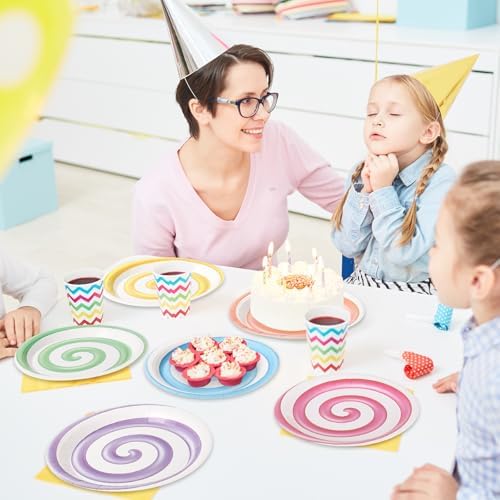 Whaline Candyland Party Paper Plates 9 Inch Pastel Disposable Salad Dessert Plates 6 Colors Lollipop Tableware for Sweet Shop Themed Birthday Baby Shower Supplies, 24 Pcs