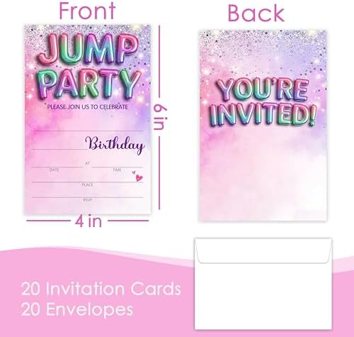 Jump Birthday Invitation Girl, Silver Glitter Rainbow Double-Sided Fill In Style Invites with Envelopes for Birthday, Trampoline Jump Party Invitation For Girls, Teens, Bday Party Favor & Decoration