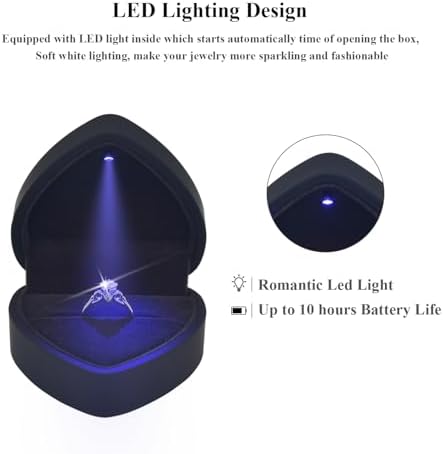 LED Lighted Ring Box, Heart Shaped Black Engagement Ring Case
