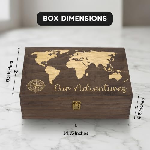 Our Adventure Engraved Wooden Keepsake Box, Memory Storage Box with Inside Engraving, Wooden Treasure Box for Travel Memories, Photos, Souvenirs, Couples & Special Moments, X-Large 14.15 x 9.5 x 4.5"
