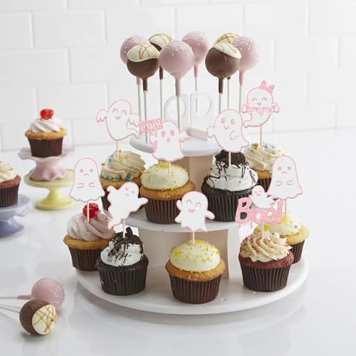 Rsstarxi 24 Pack Halloween Ghost Cupcake Toppers Glitter Pink Ghost Cupcake Picks Decorations for Happy Boo Day Birthday Baby Shower Halloween Party Cake Decorations Supplies