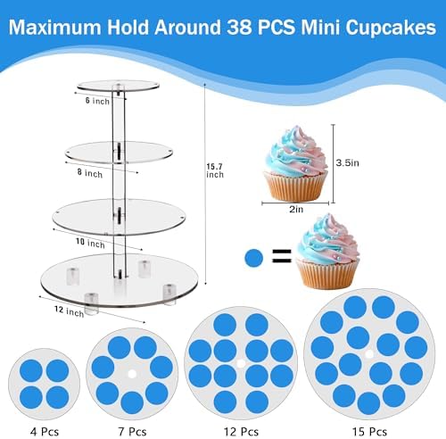 YestBuy 4 Tier Round Cupcake Stand – Premium Cupcake Holder – Acrylic Cupcake Tower Display- Cady Bar Party Décor + LED Light String – Ideal for Weddings, Birthday Parties & Events (Blue)