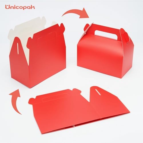 UnicoPak 30 Pack Red Party Favor Bag Boxes, Gable Gift Boxes for Treats Goodies Candies Cookies, Ideal for Red Party Favors, Theme Birthday Party, Valentine's Day, 6.5x3.5x3.5 Inches