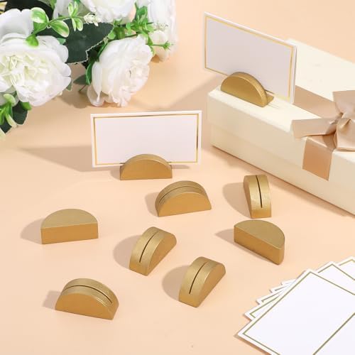 50 PCS Gold Table Number Holders, Wooden Place Card Holders with 50 PCS Cards Semicircular Table Number Stands for Restaurant, Wedding, Birthday Party Plates, Menus and Photos
