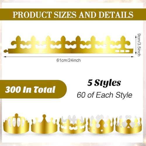 Crtiin 300 Pcs Gold Paper Crowns Bulk for Adult Kids Party, Stylish Style