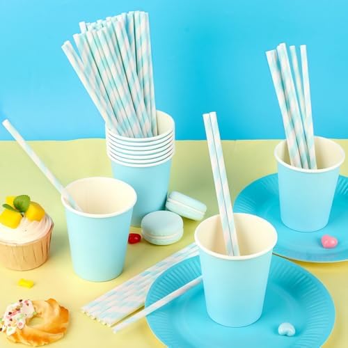 100 Packs Light Blue Biodegradable Striped Paper Straws, Disposable Drinking Straws for Birthday Carnival Summer Pool Party Wedding Baby Shower Halloween Christmas Party Decoration Supplies