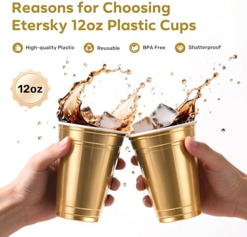 100 Pack Gold Plastic Cups 12 oz, Disposable Bulk Beer Cups for Parties