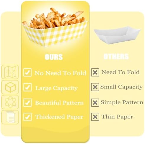 100 Pcs Yellow Gingham Paper Food Trays, Pre-Folded Yellow Checkered Disposable Food Boats for Hot Dogs, Fries, Nachos, Snacks, Carnival, Picnic, Baby Shower, Rustic Wedding, BBQ Party Supplies
