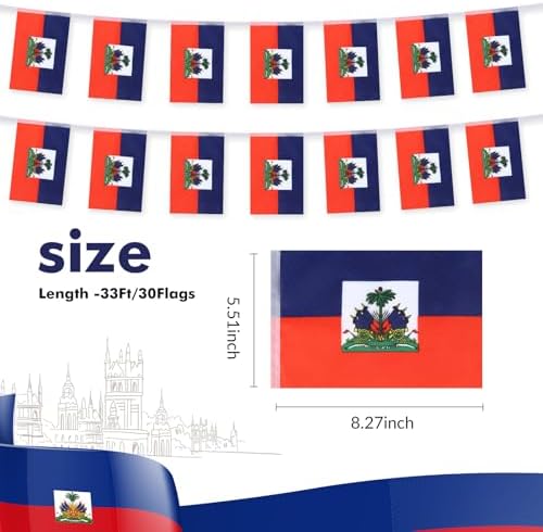 Haiti Flag Banner, Small Mini Haitian Flags Patriotic Decoration for Party, Classroom, Sports Events, 33 Feet 30 Flags