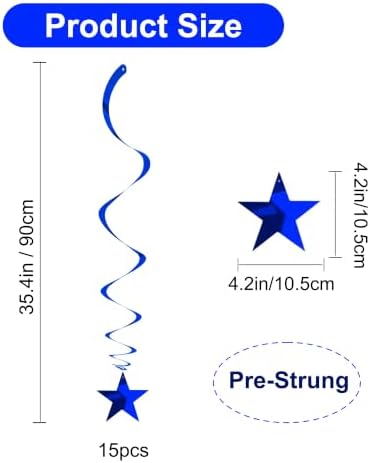 BEISHIDA Blue Star Hanging Swirl Decorations,Hanging Gold Party Supplies for Graduation Wedding Baby Shower Decorations,Pack of 15